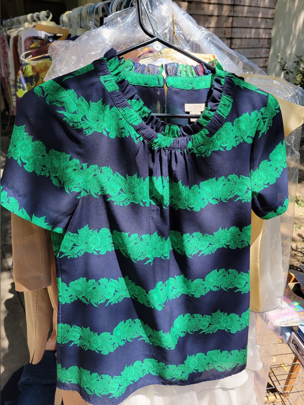 J. Crew Navy and Bright Green Floral Stripe Blouse